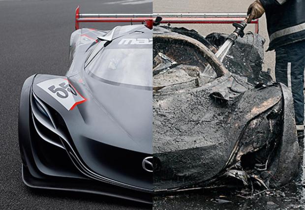 А това е Mazda Furai. Или поне нейните останки, след като колата изгоря по време на снимките на TopGear. Моторът беше ванкелов.