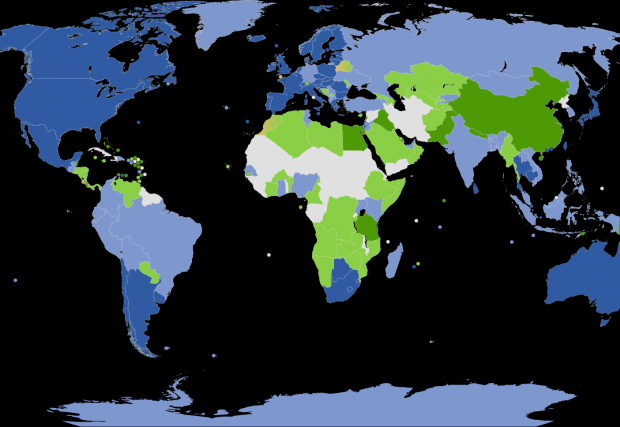 Карта с покритието на Google Street View по света. Тъмно сините страни са най-добре покрити, следват светло сините и зелените, а сивите са без покритие